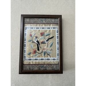 Vintage Asian Silk Embroidery Framed Birds Floral Textile Wall Art Multicolor